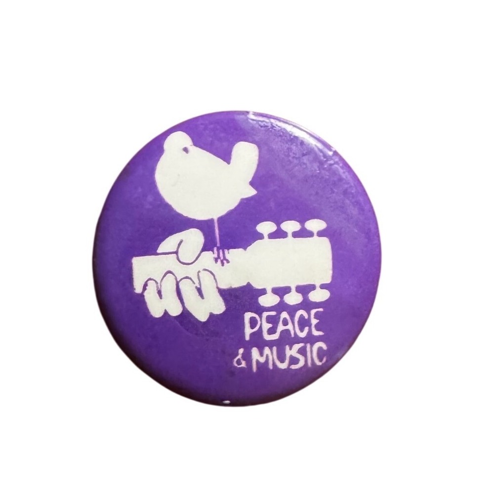 Woodstock Peace & Music Purple Pinback Button Vintage 1969 Bird Guitar Badge 1"